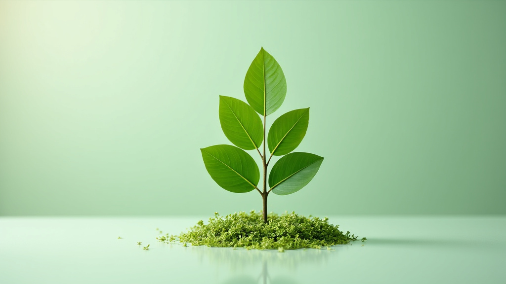 Une illustration symbolique de protection environnementale, avec des feuilles vertes et un arbre miniature au centre, représentant les bienfaits du recyclage.