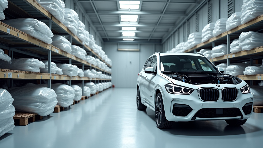 Une installation de recyclage de pièces automobiles propre et organisée, avec des matériaux triés et prêts à être réutilisés, symbolisant l