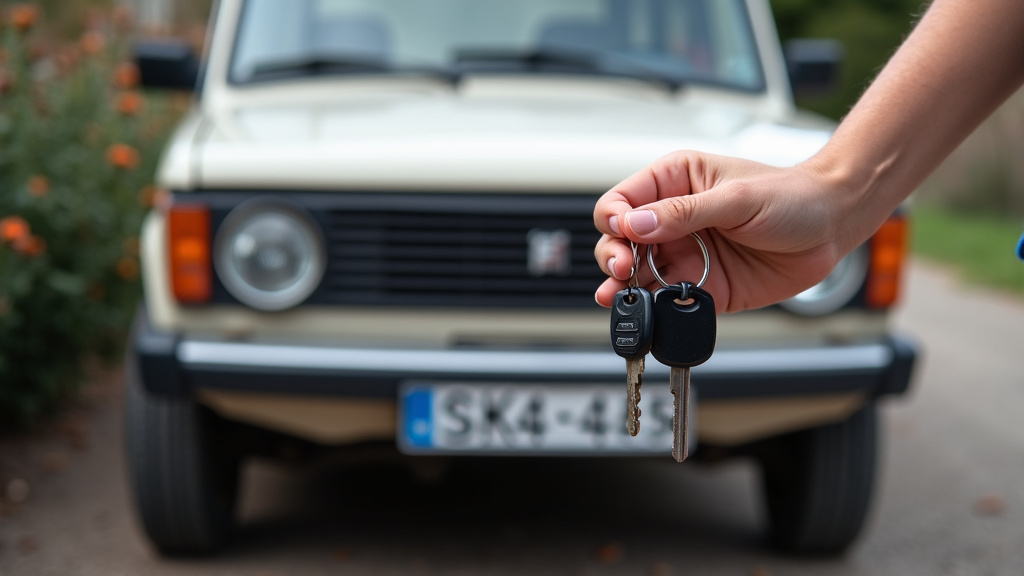 Une main tenant des clés de voiture, regardant une vieille voiture, symbolisant la décision de se débarrasser d