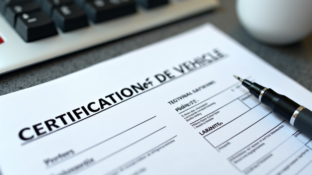 Une main tenant un certificat de destruction de véhicule, avec un stylo posé sur la table et des documents flous en arrière-plan, symbolisant les formalités administratives.