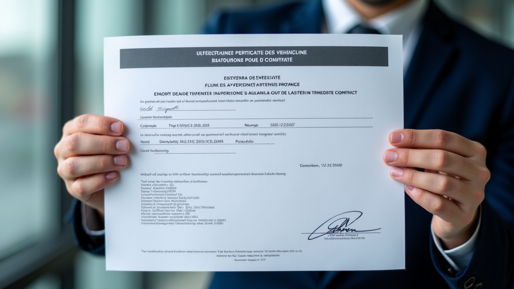 Une main tient un certificat de destruction de véhicule officiel, avec des informations illisibles pour préserver la confidentialité. L