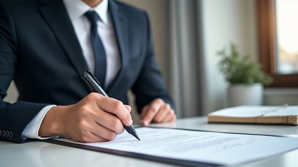 ALT: Professionnel en train d'écrire un document administratif près d'une fenêtre.