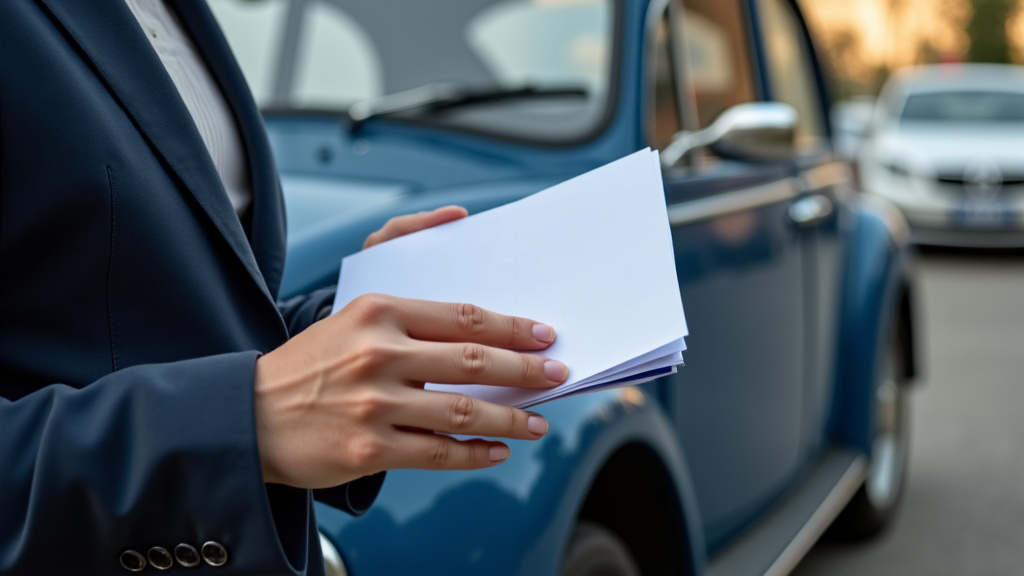 Une personne tenant des documents administratifs (carte grise, certificat de non-gage) devant un véhicule ancien, symbolisant les formalités nécessaires pour l