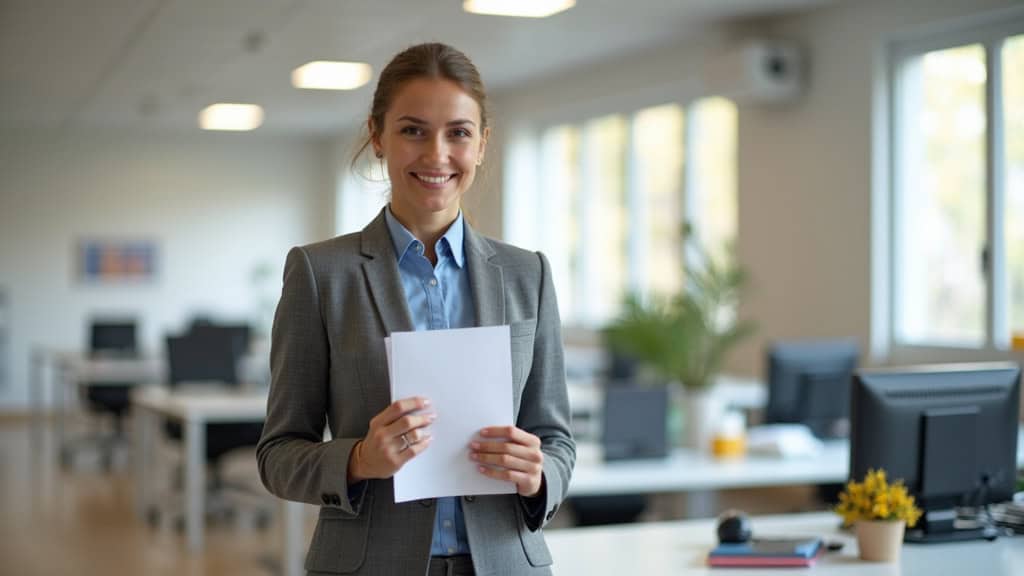 Photo d'une femme d'affaires souriante avec une feuille en main dans un bureau.