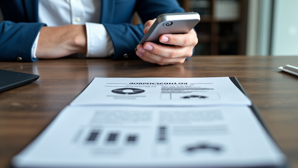 Une personne tenant un téléphone portable, songeant à appeler un épaviste pour un enlèvement de véhicule, avec des documents de voiture à côté, illustrant la facilité de la prise de contact.