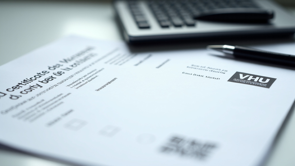 Une pile de documents officiels, dont un certificat de destruction VHU, posée sur un bureau avec un stylo