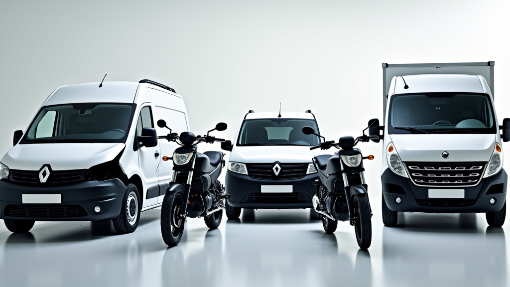 Une variété de véhicules, incluant une voiture accidentée, une moto et un utilitaire léger endommagé, en attente d