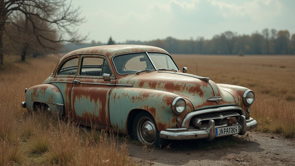 Une vieille épave de voiture rouillée abandonnée au milieu d
