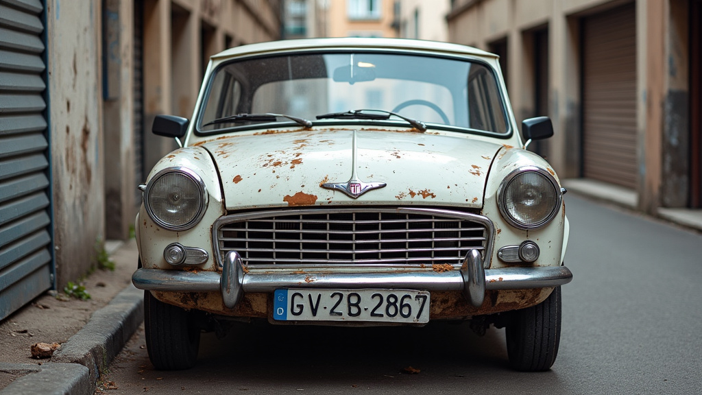 Une vieille épave de voiture rouillée, abandonnée dans un environnement urbain, symbolisant le besoin d