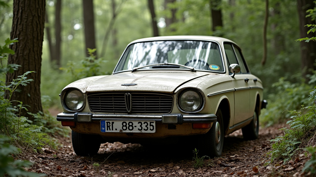 Une vieille épave de voiture rouillée abandonnée dans une forêt, avec la nature reprenant ses droits.
