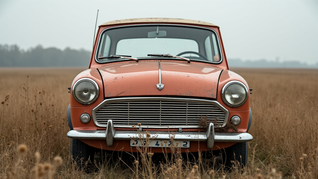 Une vieille épave de voiture rouillée et abandonnée dans un champ de l