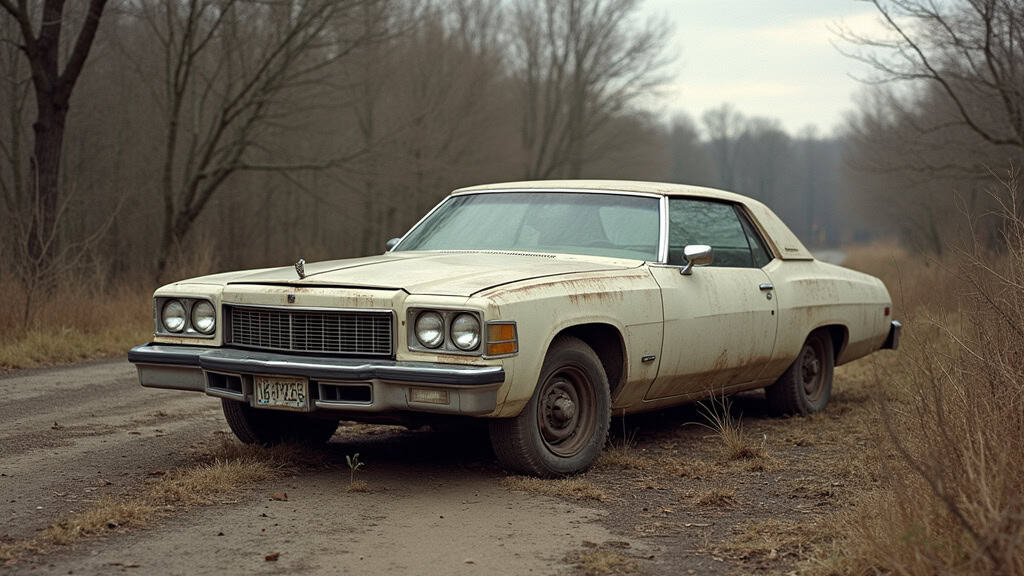 Une vieille voiture abandonnée et rouillée au milieu d
