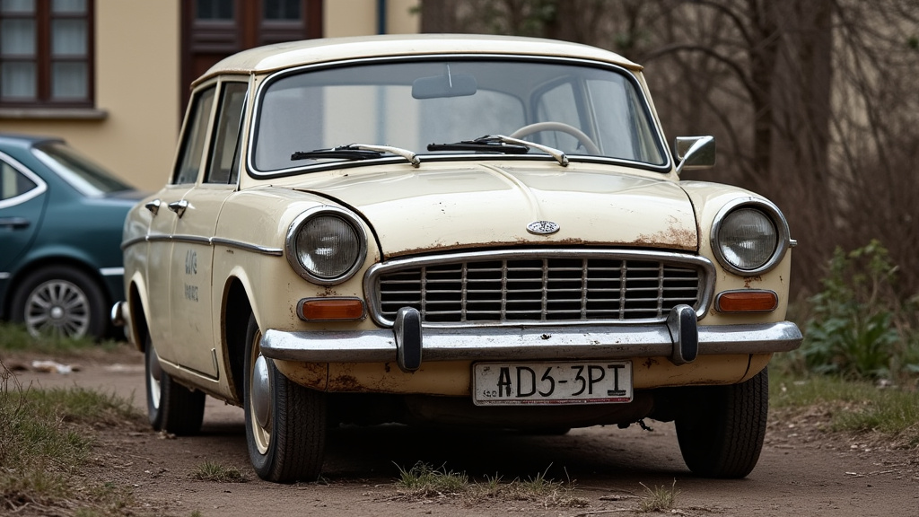Une vieille voiture abandonnée et rouillée au milieu d