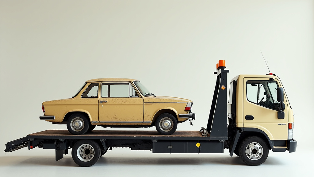 Une vieille voiture en fin de vie est remorquée par un camion de dépannage agréé, symbolisant l