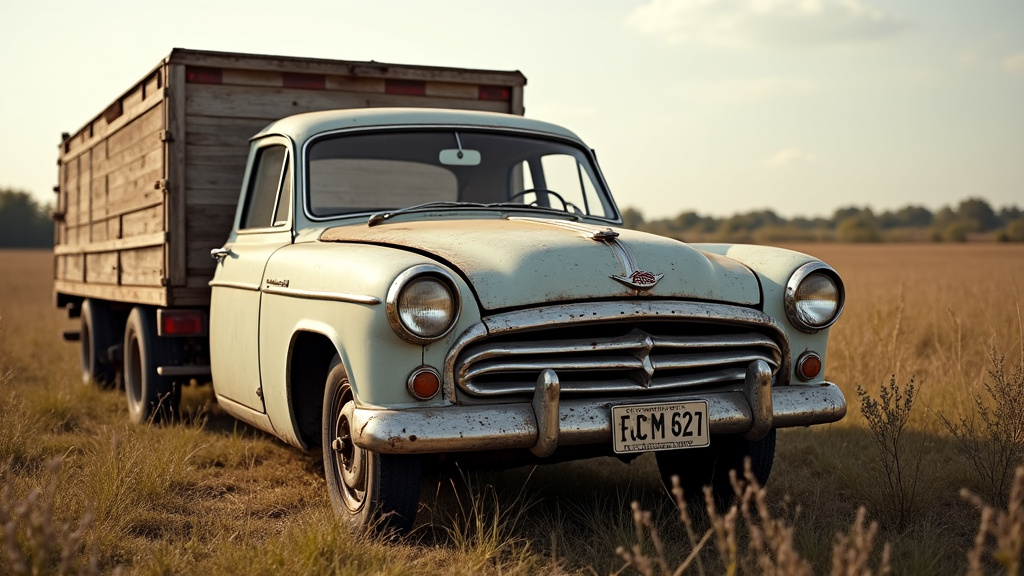 Une vieille voiture en fin de vie, rouillée, stationnée dans un champ, prête à être enlevée par un épaviste professionnel avec un camion remorqueur.