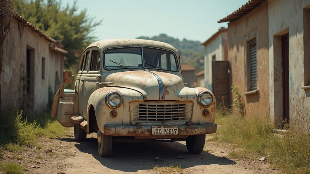 Une vieille voiture rouillée abandonnée au milieu d
