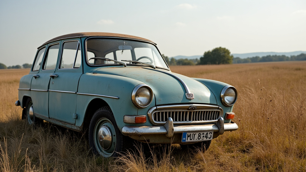 Une vieille voiture rouillée abandonnée dans un champ à Aubencheul-aux-Bois, symbolisant un véhicule hors d