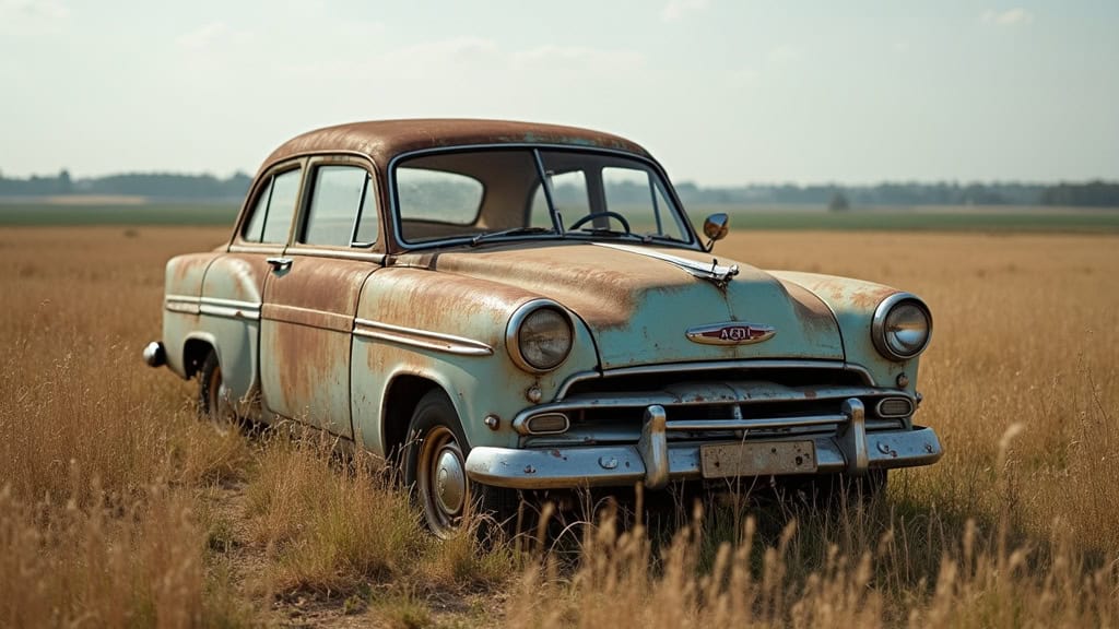 Une vieille voiture rouillée abandonnée dans un champ près de Chambry, symbolisant une épave nécessitant un enlèvement.