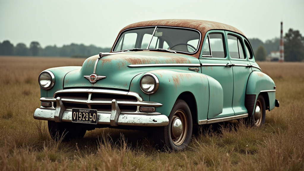 Une vieille voiture rouillée abandonnée dans un champ près de Monceau-le-Waast, symbolisant la nécessité de l