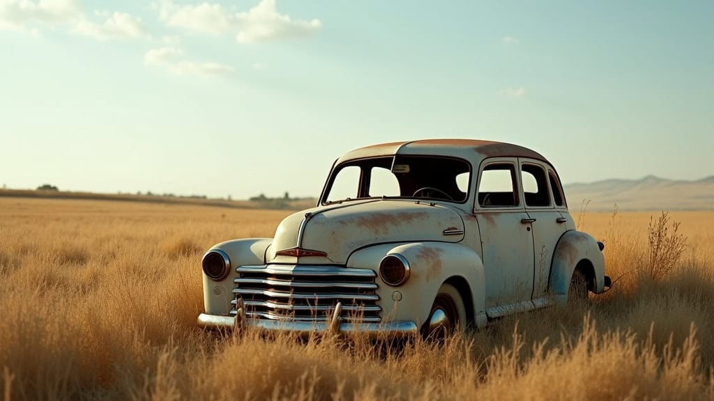 Une vieille voiture rouillée abandonnée dans un champ, symbolisant le besoin d