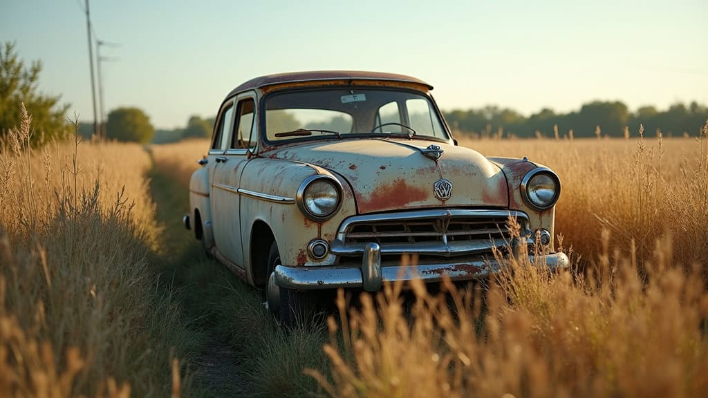 Une vieille voiture rouillée abandonnée dans un champ, symbolisant les dangers environnementaux des épaves.