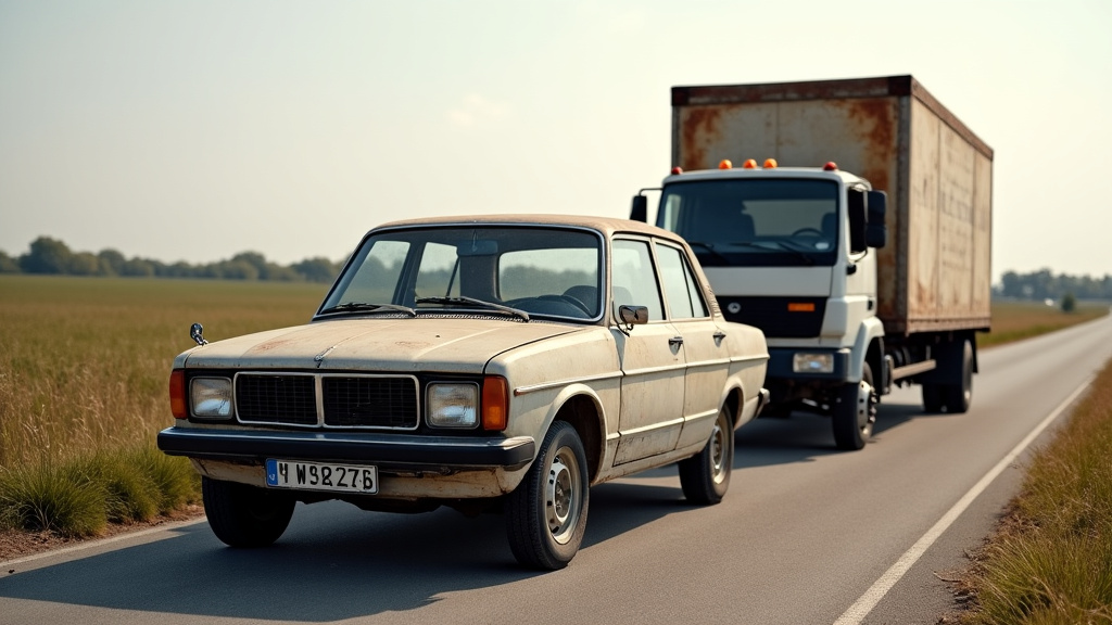 Une vieille voiture rouillée est remorquée par un camion épaviste dans un environnement rural, symbolisant l