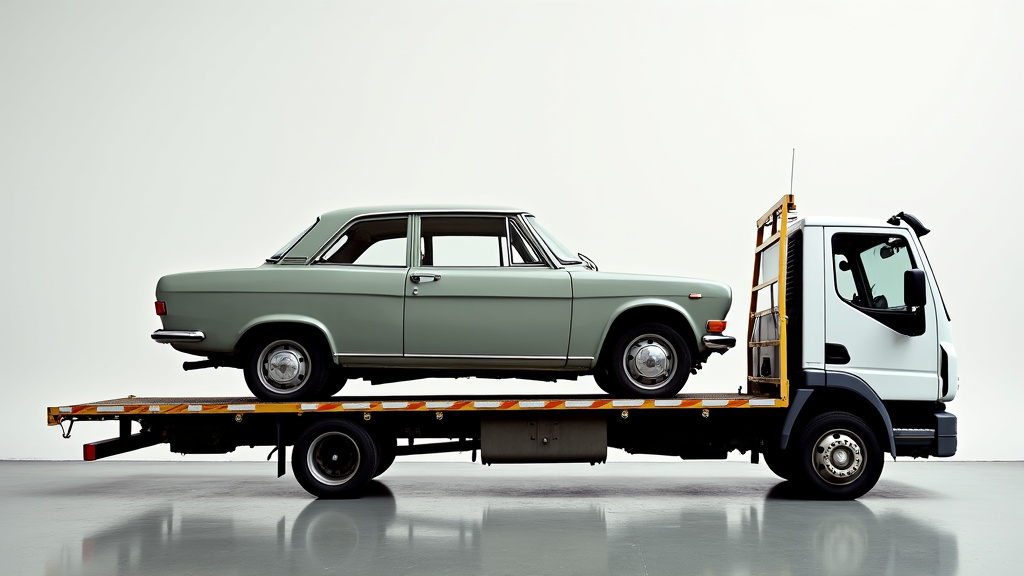 Une vieille voiture rouillée est soulevée et chargée sur un camion de dépannage, symbolisant l