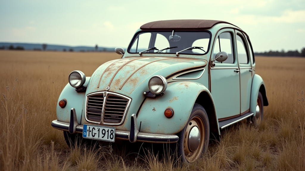 Une vieille voiture rouillée et abandonnée dans un champ de l