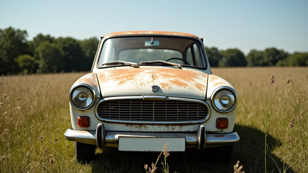 Une vieille voiture rouillée et abandonnée dans un champ près de Nampteuil-sous-Muret, soulignant le besoin d