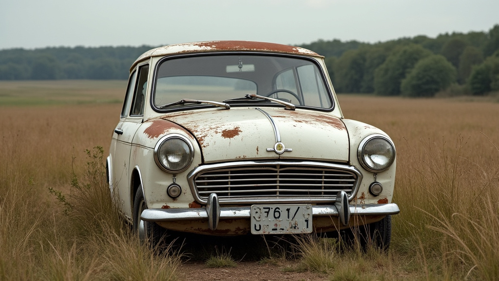 Une vieille voiture rouillée et abandonnée dans un champ près de Vendresse-Beaulne, soulignant le besoin urgent d