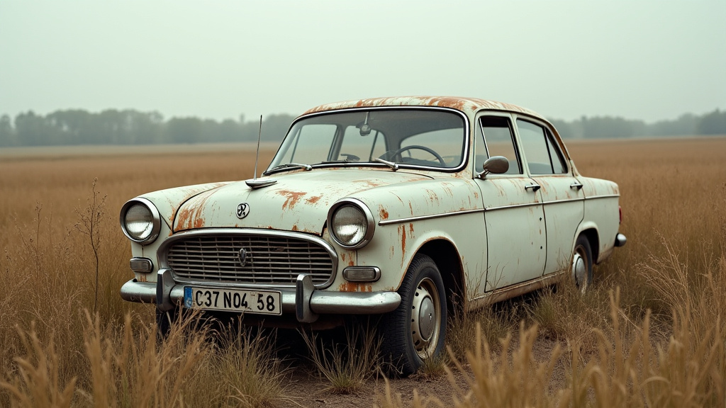 Une vieille voiture rouillée et abandonnée dans un champ, symbolisant le besoin d