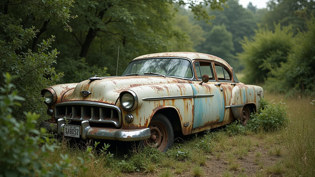 Voiture ancienne abandonnée rouillée dans la nature, environnement verdoyant.