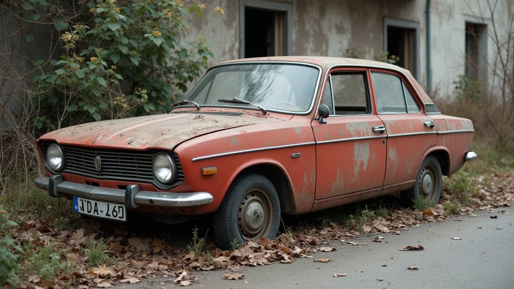 Ancienne voiture rouillée abandonnée dans la nature, véhicule vintage en détresse.