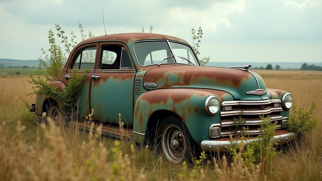 Voiture ancienne rouillée en champ, dépannage et enlèvement auto par Epaviste Nord.