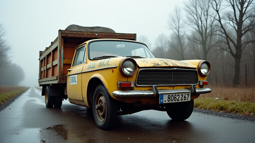 Une vieille voiture rouillée et endommagée est chargée sur une dépanneuse, symbolisant l