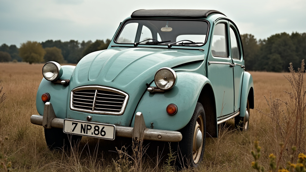 Une voiture ancienne et rouillée abandonnée dans un champ près de Résigny, symbolisant le besoin d