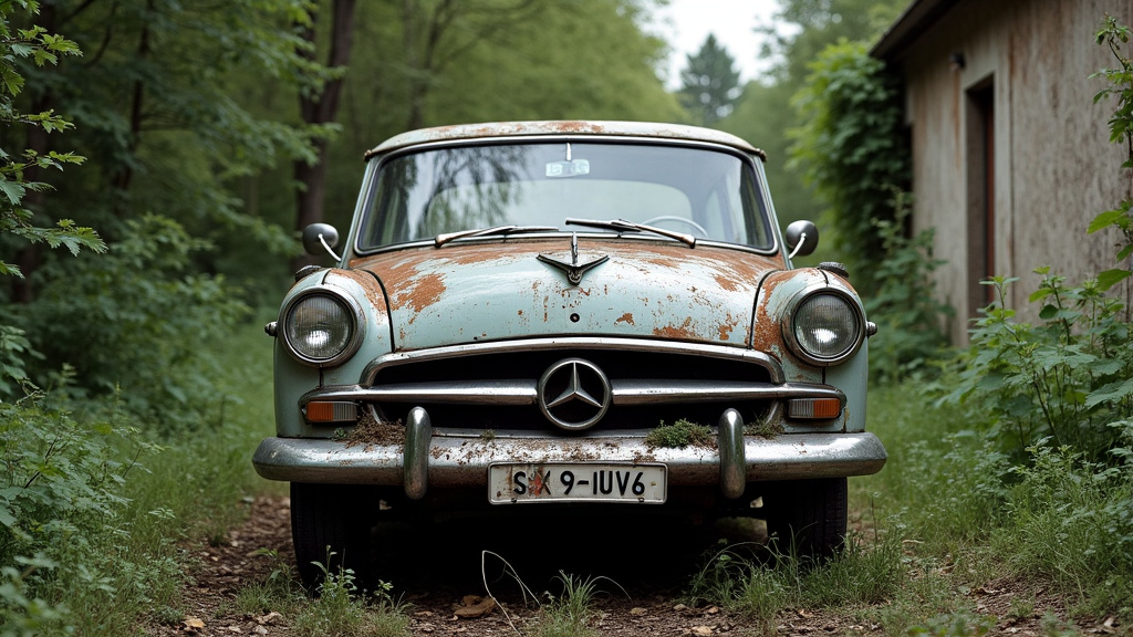 Une voiture ancienne et rouillée, clairement abandonnée et couverte de végétation, au milieu d