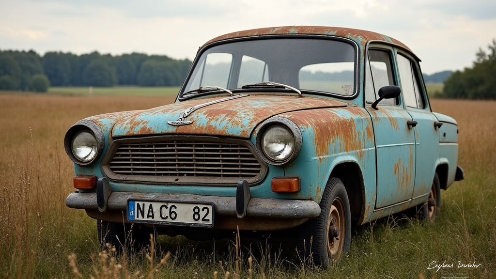 Une voiture ancienne et rouillée, visiblement abandonnée, se trouve dans un champ près de Baisieux, soulignant la nécessité d