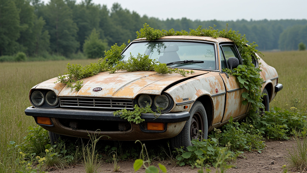 Une voiture épave recouverte de végétation, abandonnée sur un terrain privé, symbolisant la détérioration et l