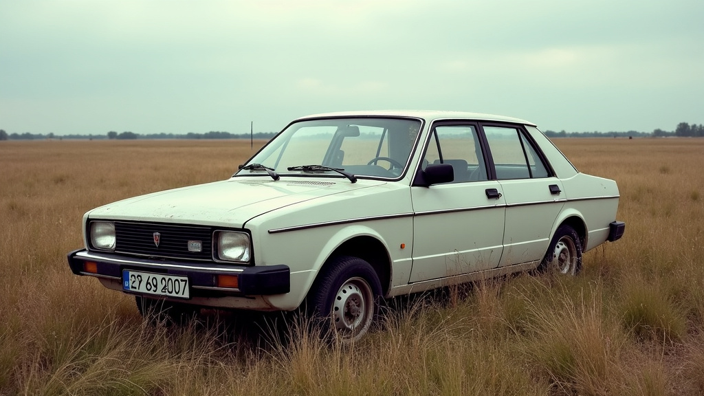 Une voiture épave rouillée, abandonnée dans un champ près de Dompierre-sur-Helpe, illustrant un véhicule hors d