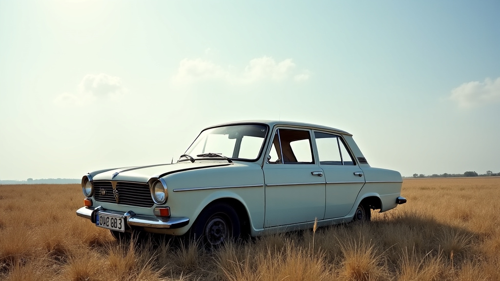 Une voiture épave rouillée, abandonnée dans un champ sous un ciel nuageux, symbolisant l
