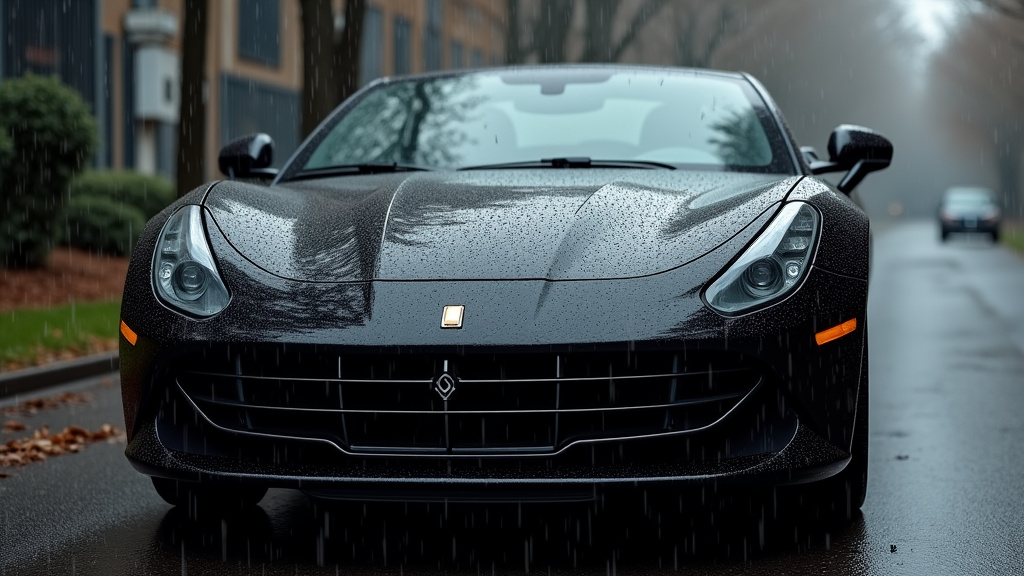 Une voiture noire brillante sous la pluie, avec des gouttes d