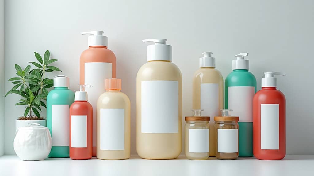 2. Bottles de recyclage avec étiquette blanche, produits divers et plante verte.