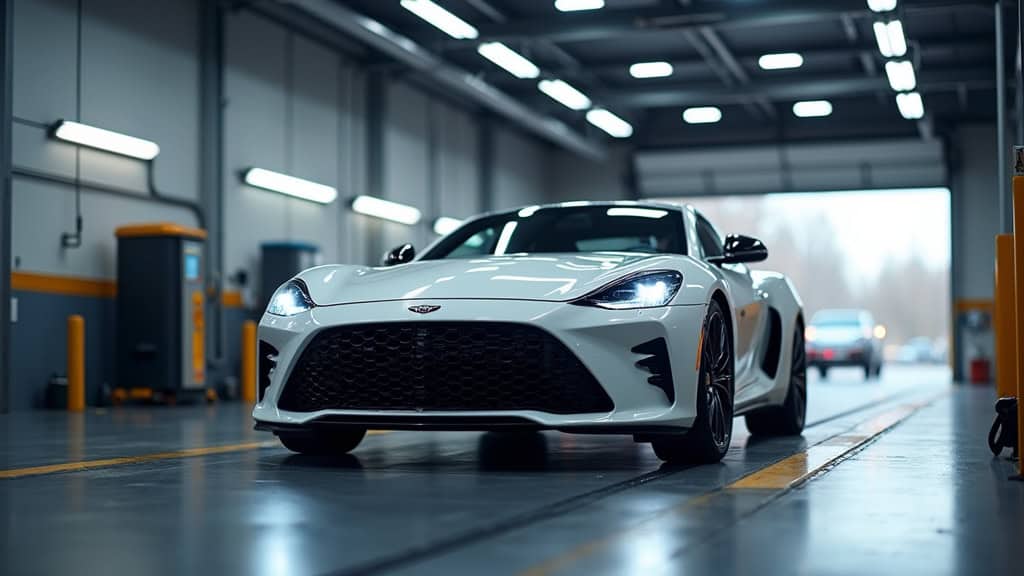 Voiture de sport blanche dans un centre de dépannage auto épaviste Nord.