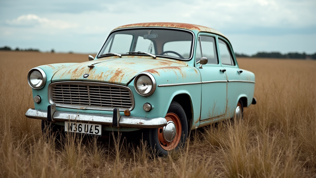 Vieille épave de voiture rouillée abandonnée dans un champ près de Bersillies, soulignant le besoin d