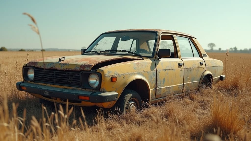 Vieille épave de voiture rouillée abandonnée dans un champ, symbolisant la pollution environnementale et le besoin d