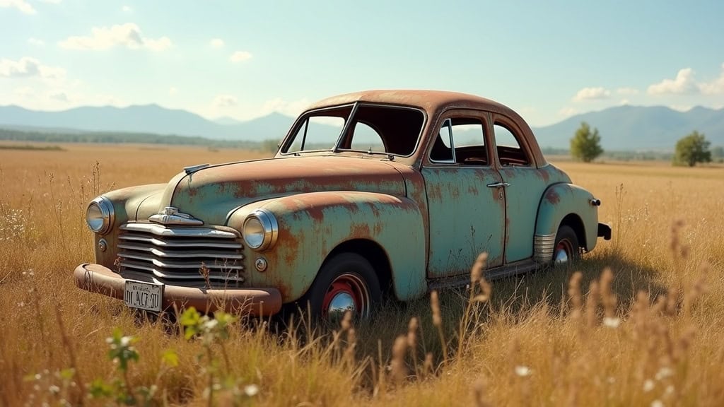 Vieille voiture rouillée abandonnée dans un champ, illustrant un véhicule hors d