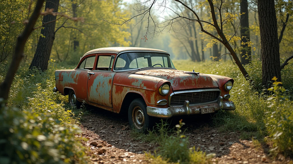 Vieille voiture rouillée et abandonnée dans la nature, symbolisant un véhicule hors d