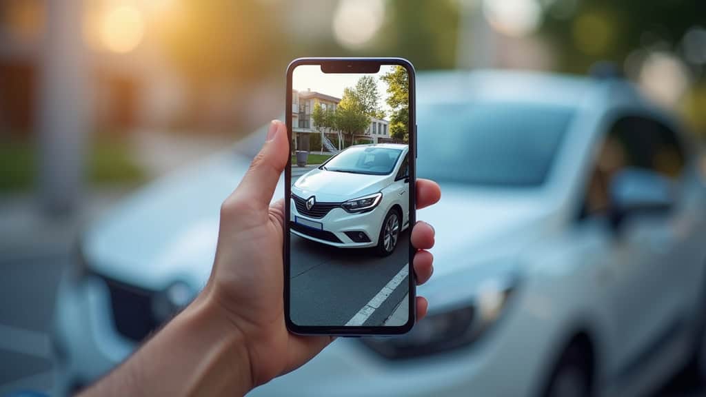 Voiture électrique stationnée avec l’assurance Allianz affichée sur l’écran d’un smartphone