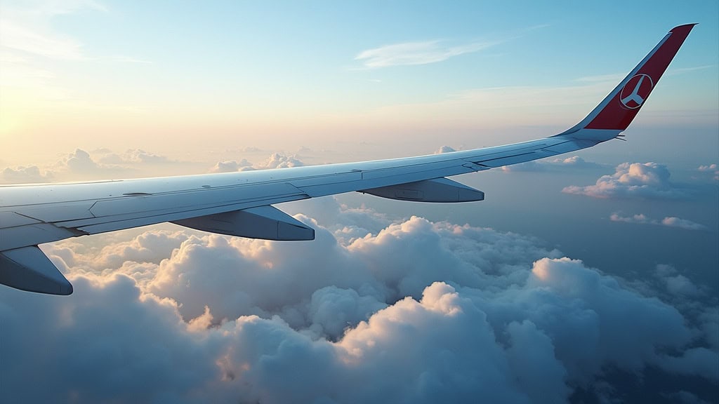 Avion en vol au-dessus des nuages au lever du soleil, vue aérienne spectaculaire.